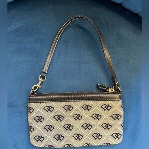 Dooney & Bourke Monogram Wristlet Mini Bag Black Tan DB Logo Zip
